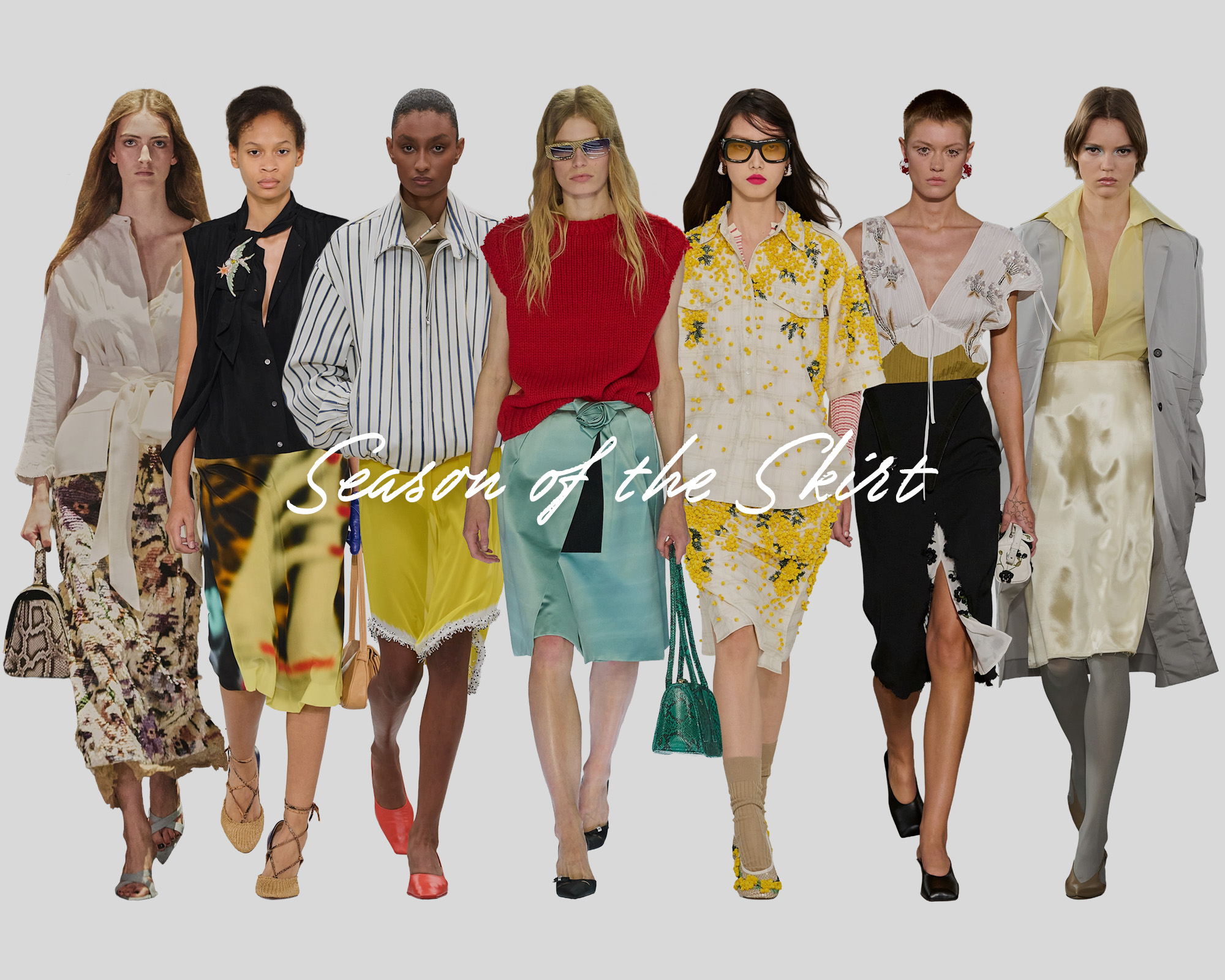 Collage of models wearing trends on the spring/summer 2027 runways.