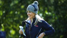 Iona Stephen broadcasting for Sky Sports Golf during a tournament