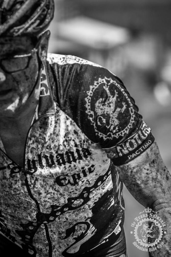 Jim Matthews ends up muddy and gritty after the stage with many gravel roads