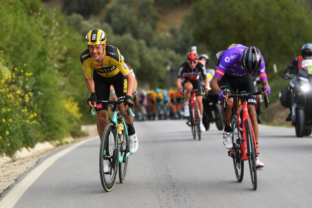 IZNJAR SPAIN FEBRUARY 20 Taco Van Der Hoorn of The Netherlands and Team JumboVisma Juan Felipe Osorio of Colombia Team BurgosBH Matthew Holmes of The United Kingdom and Team Lotto Soudal during the 66th Vuelta a Andaluca Ruta del Sol 2020 Stage 2 a 1981km stage from Sevilla to Iznjar 527m VCANDALUCIA UCIProSeries on February 20 2020 in Iznjar Spain Photo by David RamosGetty Images