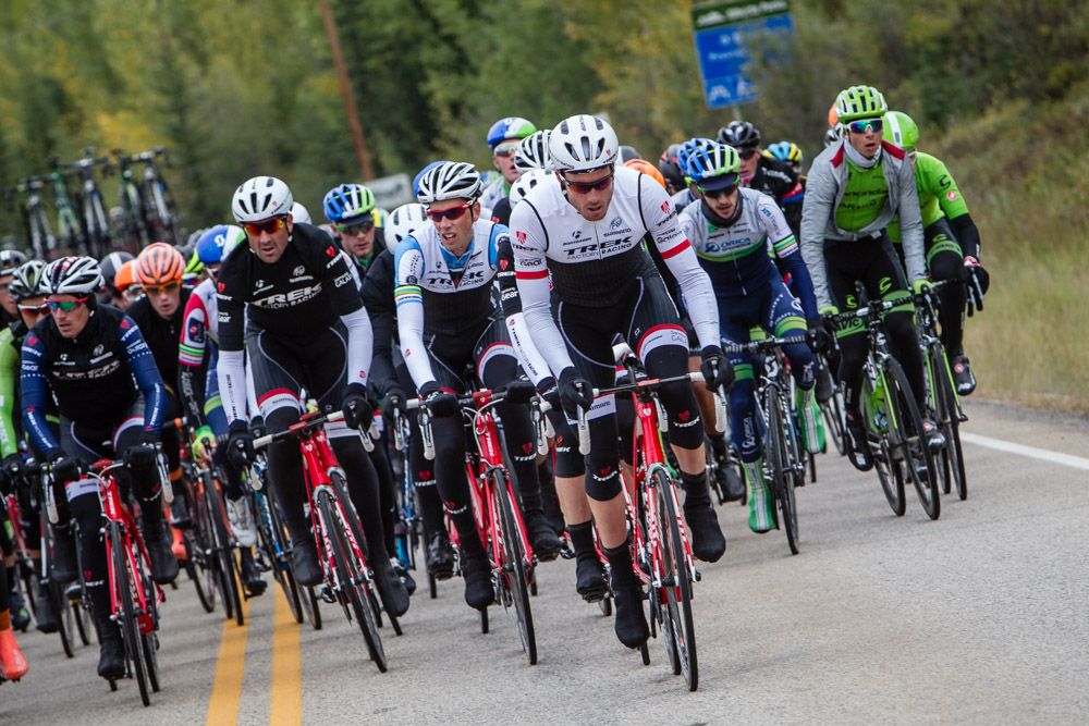 Trek sets the pace on the front on the climb