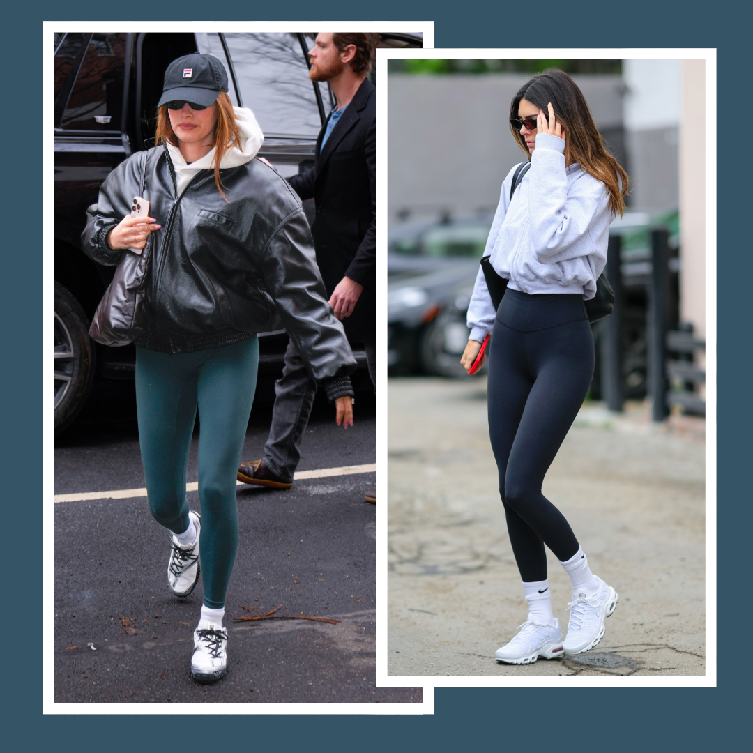photo collage of hailey bieber and kendall jenner wearing alo yoga leggings with white border overlaid dark teal background