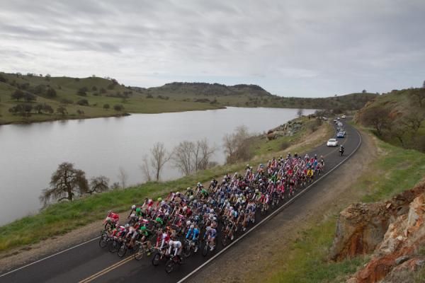 Stage one of the Merco Cycling Classic gets underway under cloudy skies during a neutral start at the MID Road Race. Weather forecasts called for rain, but the race was held in mostly dry conditions.