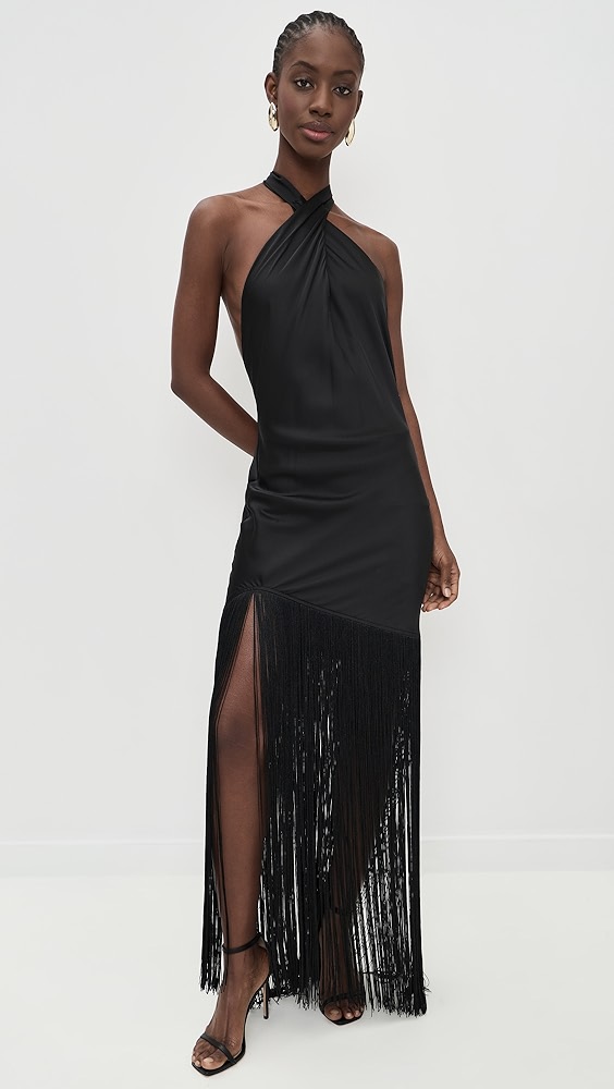 Jasmine Fringe Maxi Dress - Black Luxe Satin