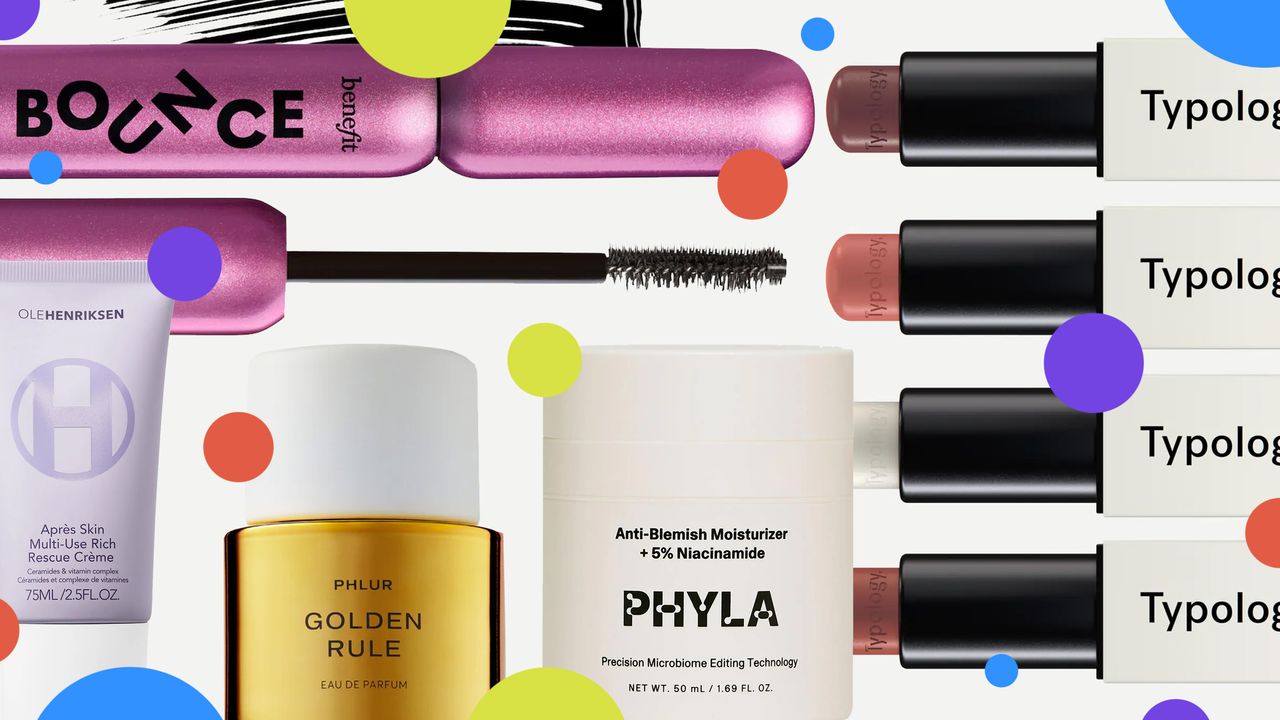 product collage of Phlur Golden Rule Eau de Parfum, Olehenriksen Après Skin Overnight Moisturizer + Mask, Phyla Anti-Blemish Moisturizer + 5% Niacinamide, Typology Replenishing Lip Balm, Benefit Cosmetics BADgal Bounce Volumizing Mascara on white background with multi-colored polka dots 