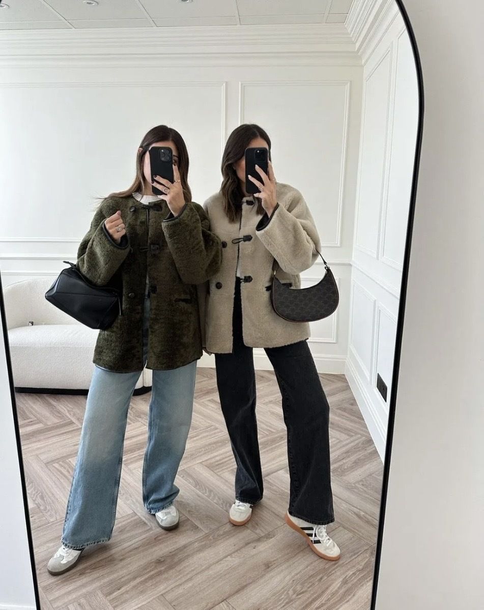 Sarah Ellis & Philippa Bloom @wearetwinset wear the H&M faux shearling jacket.