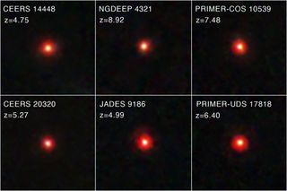 A six-paneled image with each panel showing a small glowing red dot against a black background