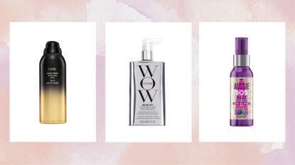Collage of three of the best hair products for humidity featured in our guide from Oribe, Color Wow and Aussie