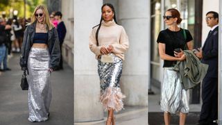 street style images of three women wearing silver sequin skirts