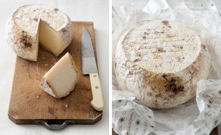 The photo to the left shows a piece of cheese cut from the cheese wheel, on the kitchen board. The photo to the right shows the whole cheese wheel.