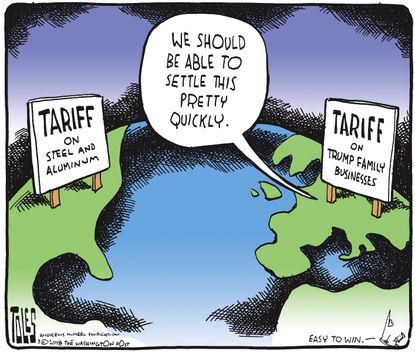 Political cartoon U.S. Trump trade war tariffs steel industry Europe family business