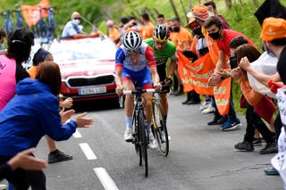 David Gaudu (Groupama-FDJ) on his way to the stage 6 win at Itzulia Basque Country with Primož Roglič (Jumbo-Visma) on his way to overall victory