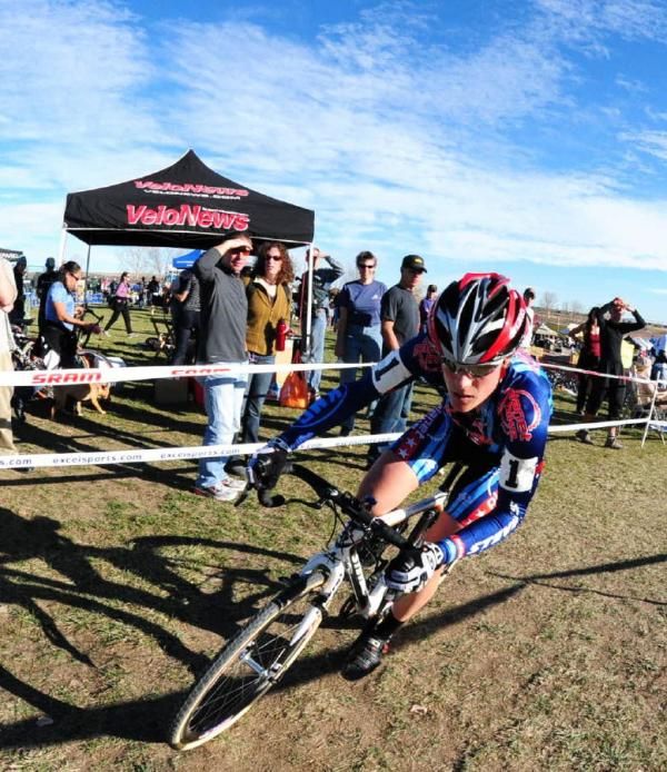 Katie Compton (Planet Bike) rounding a corner at the top of the course.