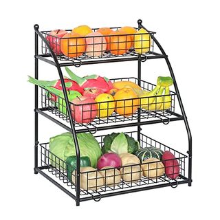 Lumamu Kitchen Storage Basket, Veggie Fruit Produce Stand Holder for Kitchen Countertop, 3 Tier Large Capacity Metal Wire Storage Basket for Potato Onion Countertop Organization