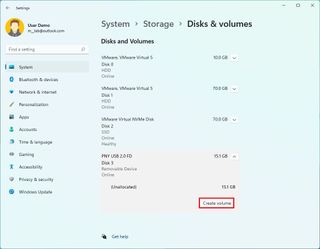 Settings app create USB new volume