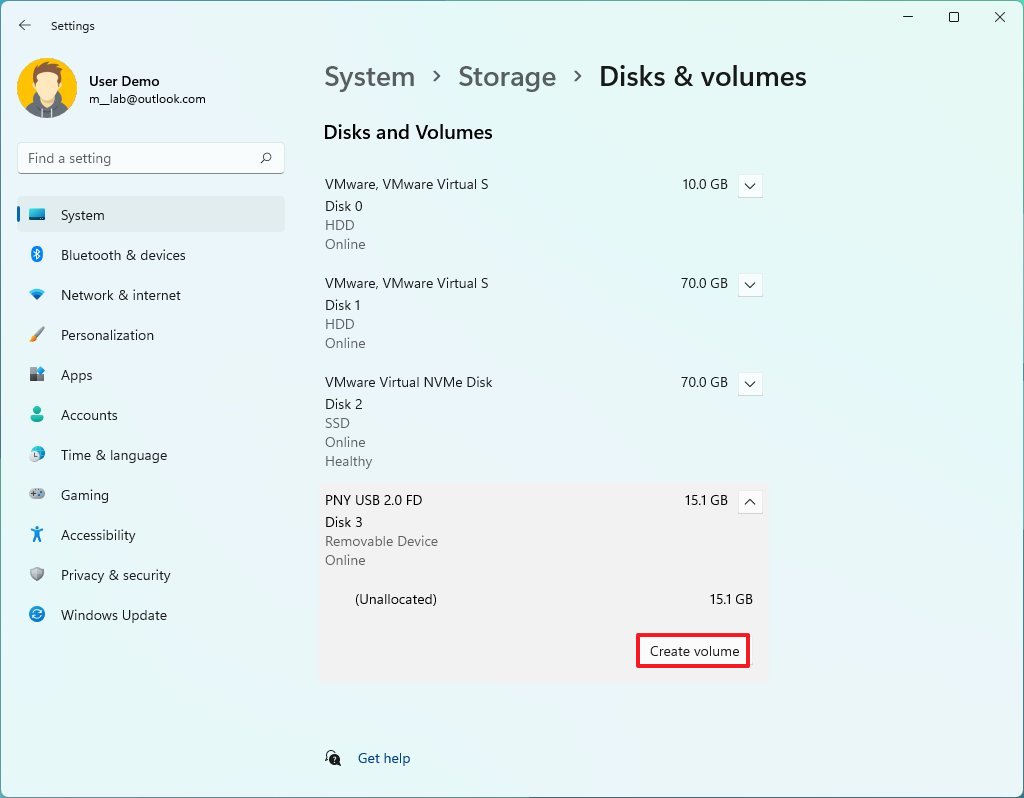 Settings app create USB new volume