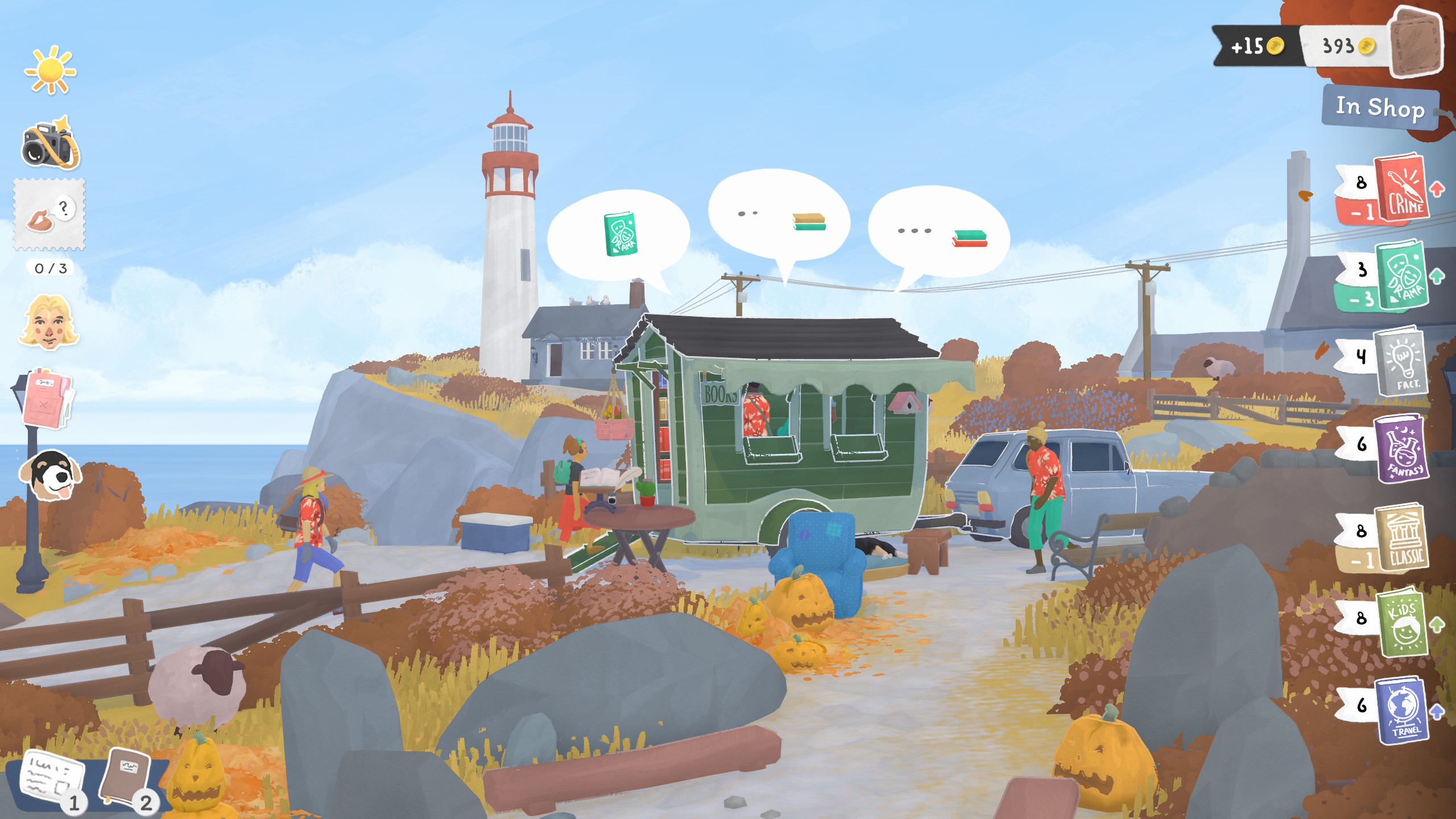 Tiny Bookshop - A mobile book shop in front of a lighthouse where customers are choosing different books