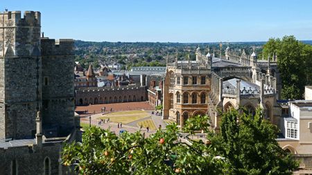 St Georges Chapel Windsor Castle, framed by Henry III Tower and Albert Memorial Chapel, Summer