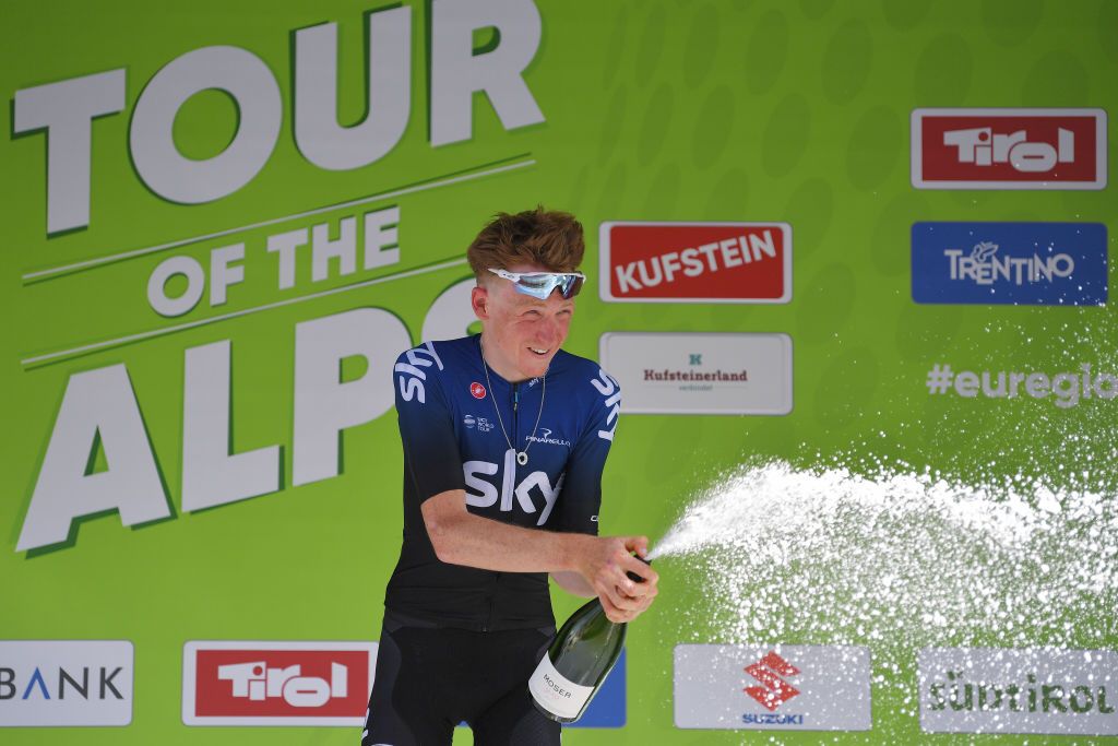 Tao Geoghegan Hart (Team Sky) on the podium in Kufstein at the Tour of the Alps.
