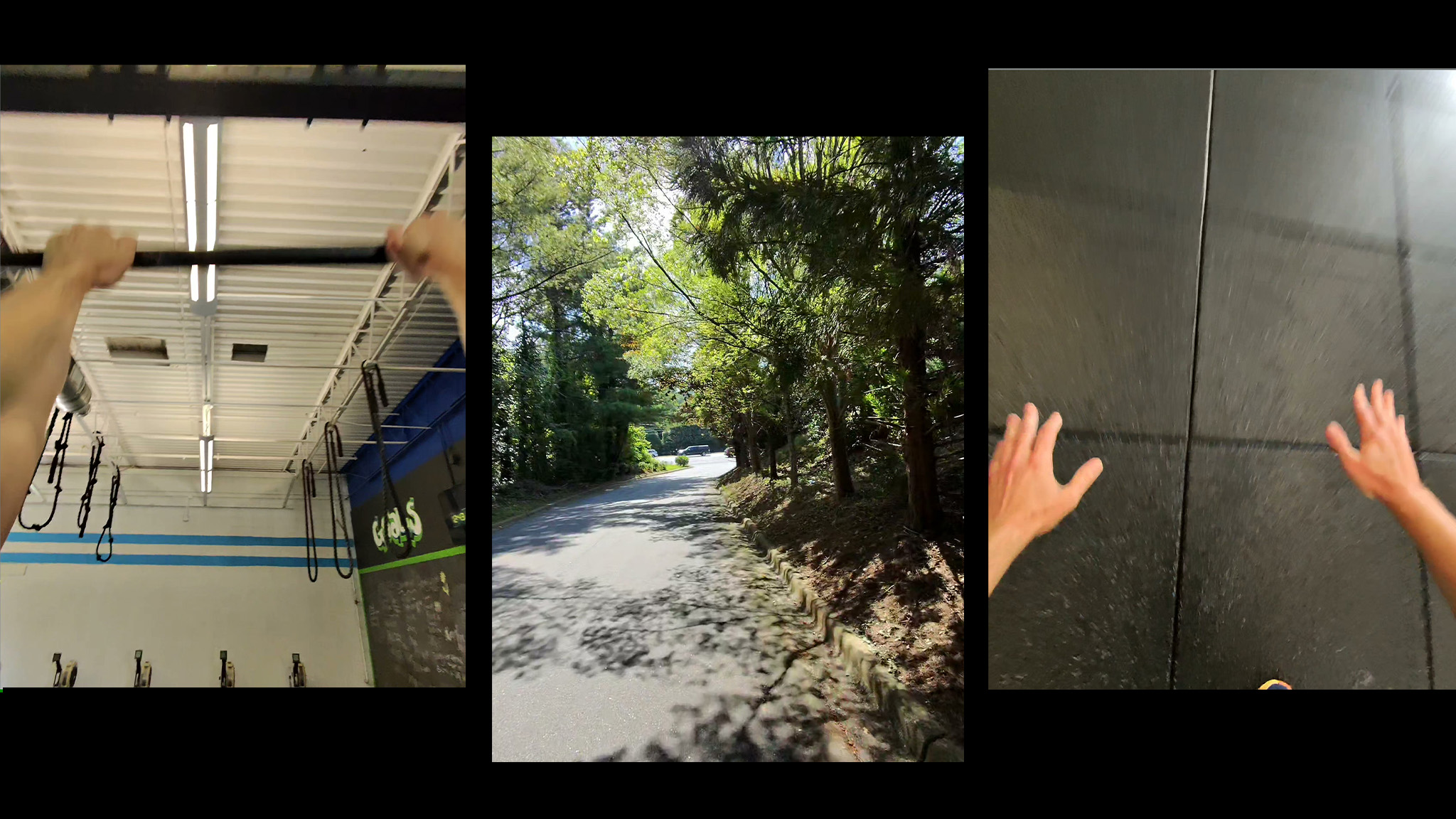 Screen captures from videos taken with Oakley Meta HSTN smart glasses while working out. One showing pull-ups, one showing running down a hill, one showing burpees