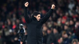 LONDON, ENGLAND - DECEMBER 02: Mikel Arteta, Manager of Arsenal, celebrates at the final whistle during the Premier League match between Arsenal FC and Wolverhampton Wanderers at Emirates Stadium on December 02, 2023 in London, England. (Photo by Justin Setterfield/Getty Images)