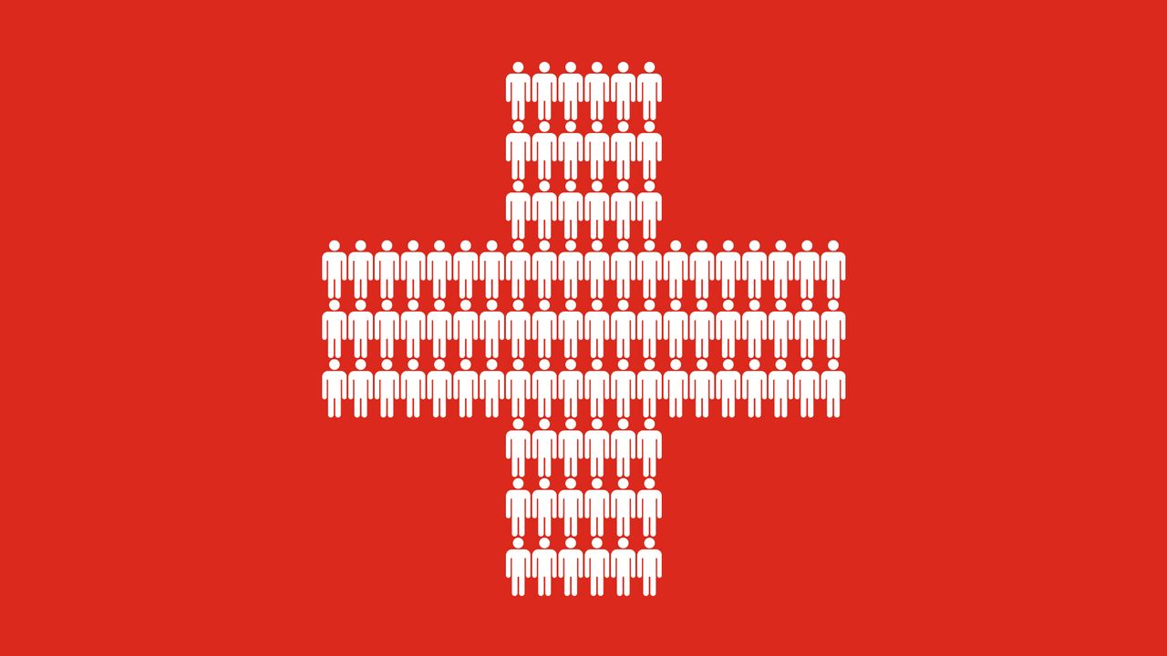 Illustration of a Swiss flag with the white central cross filled with people icons