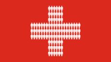 Illustration of a Swiss flag with the white central cross filled with people icons