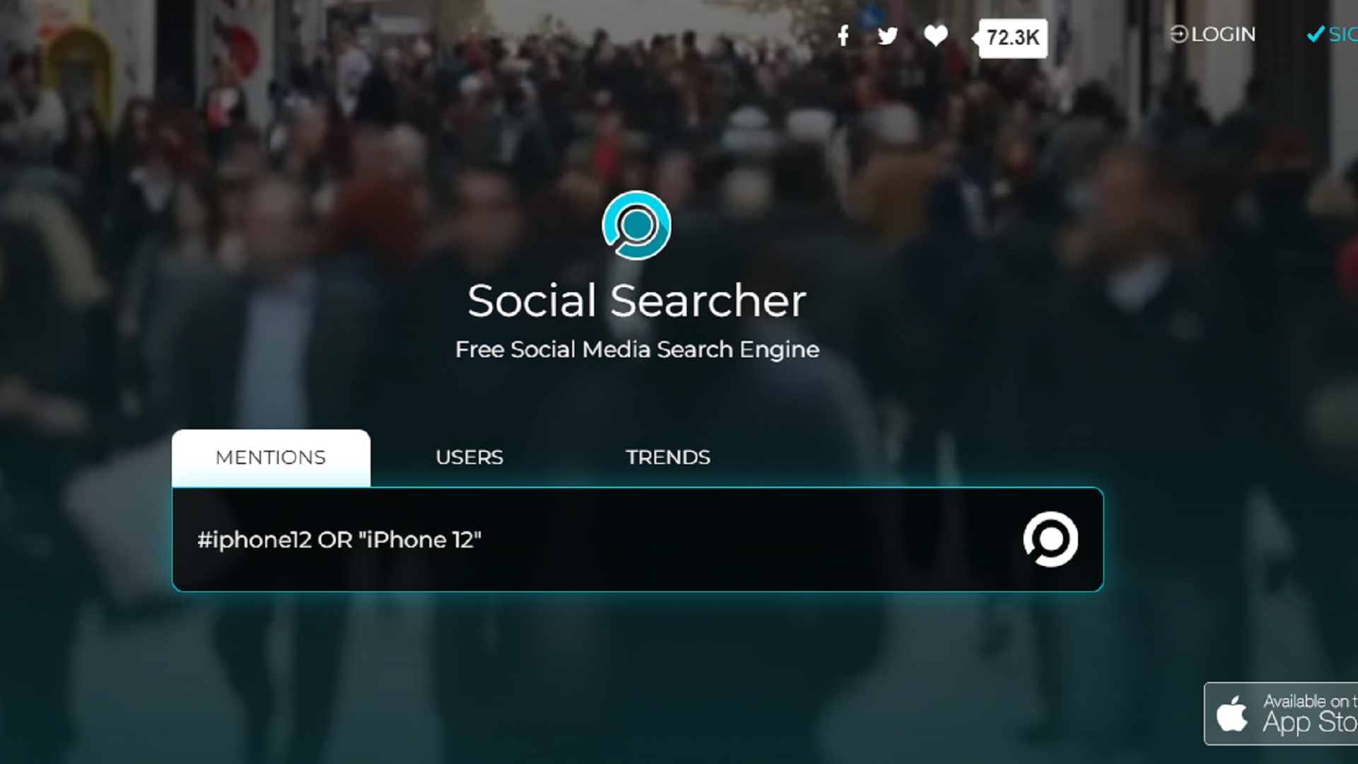 Screenshot of the main Social Searcher interface