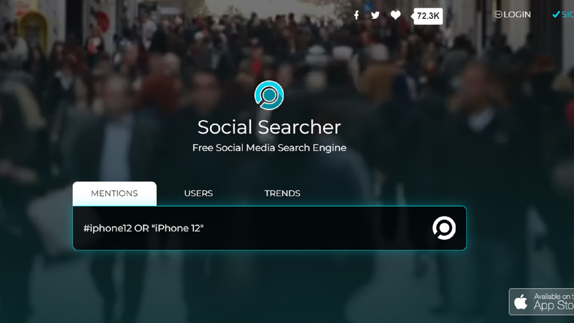 Screenshot of the Social Searcher main interface