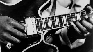 BB King records in the studio with his 'Lucille' model Gibson hollowbody electric guitar in circa 1963.