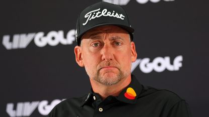 Ian Poulter speaks at a press conference ahead of the first LIV Golf Invitational Series event