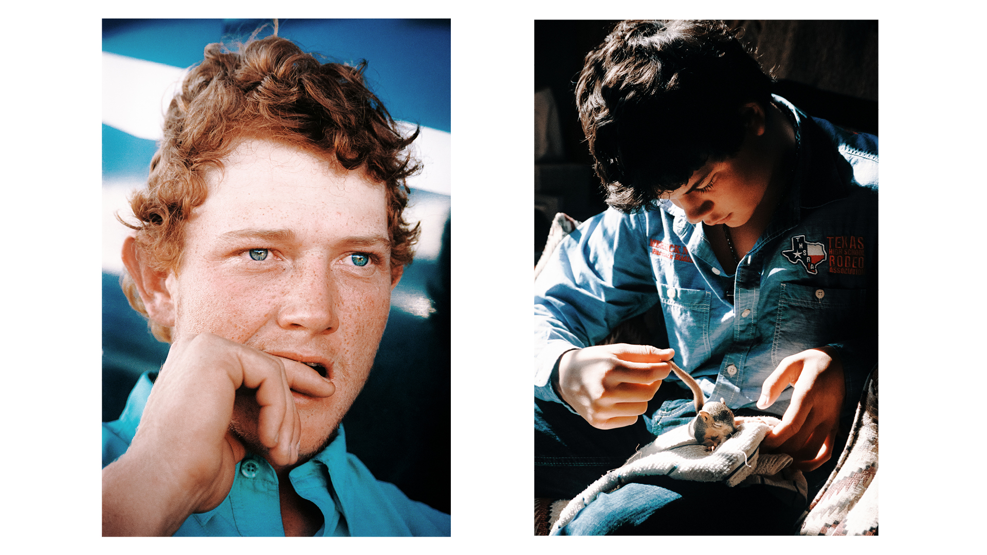 Two photographs from Memories of Dust, a long-form photography project in Texas, USA, by Alex Bex. Left: Fort Worth, Texas, 2024. Jonathan, 25, a horse trainer and aspiring team roper, waits in the shade by his truck for the next assignment. Right: London, Texas, 2024. Merrick, 18, cares for a baby squirrel he found abandoned on his grandmother’s ranch.