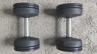 a pair of JaxJox DumbbellConnect placed on the floor