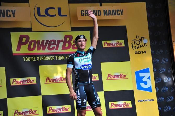 Matteo Trentin on the podium