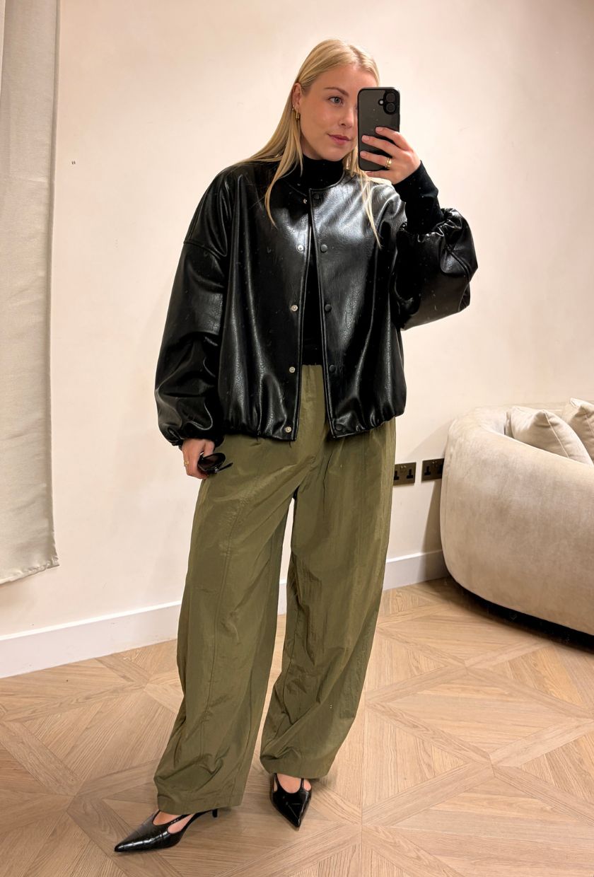 Woman wears M&amp;S leather jacket, balloon trousers and black heels