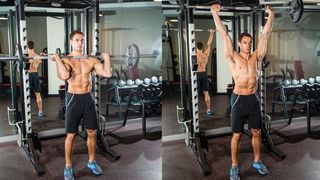 A man performing an overhead press as part of a workout plan for muscle gain