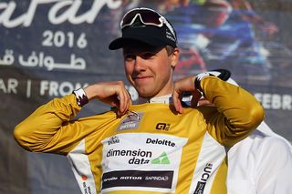 Edvald Boasson Hagen (Dimension Data) wears the golden leader's jersey after Tour of Qatar time trial victory