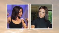 On the left, Victoria Beckham is pictured with a '90s bob whilst performing at the AMIGO AWARDS in 1997, alongside another picture of her, again with a sleek '90s bob at the Ivor Novello Awards, 29th May 1997/ in a sunset template