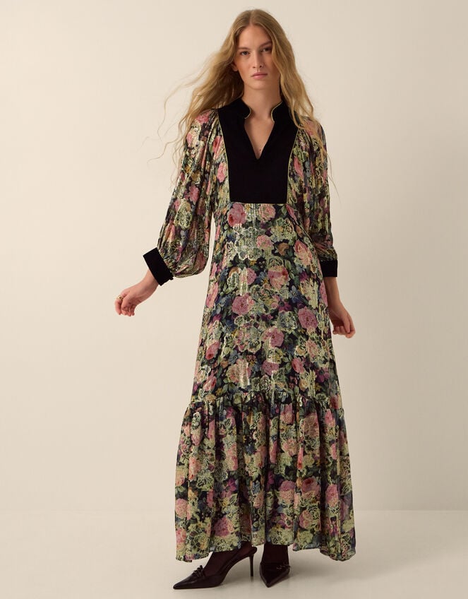 Monsoon X Queens of Archive Patti Velvet Bib Metallic Floral Jacquard Maxi Dress&amp;#8203; Black