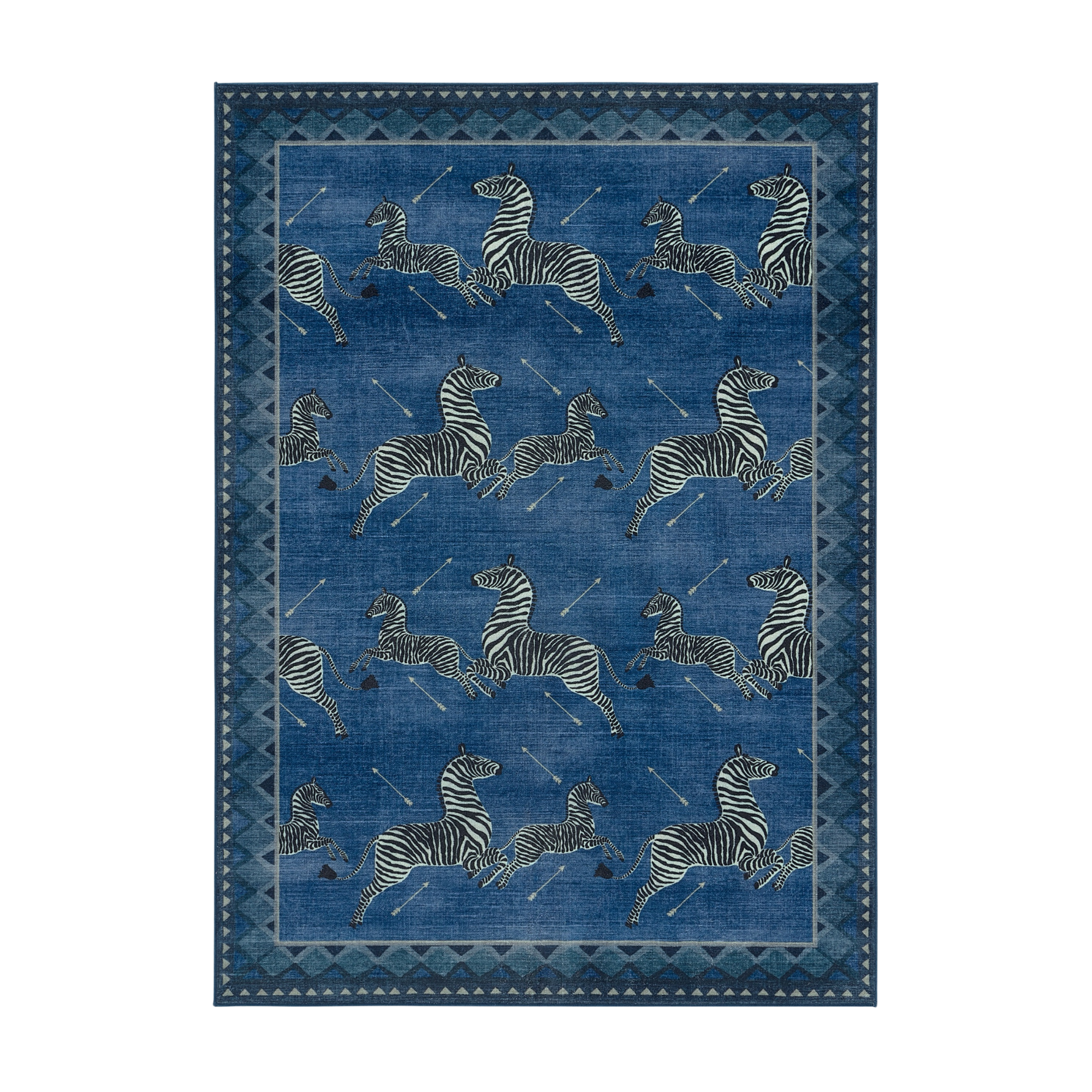 a blue and black rug with leaping zebras