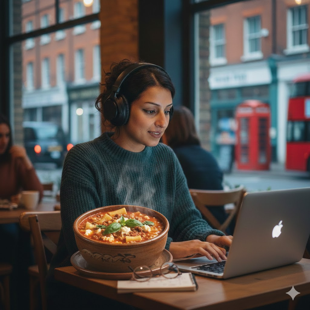 woman sitting in a cafe at a macbook