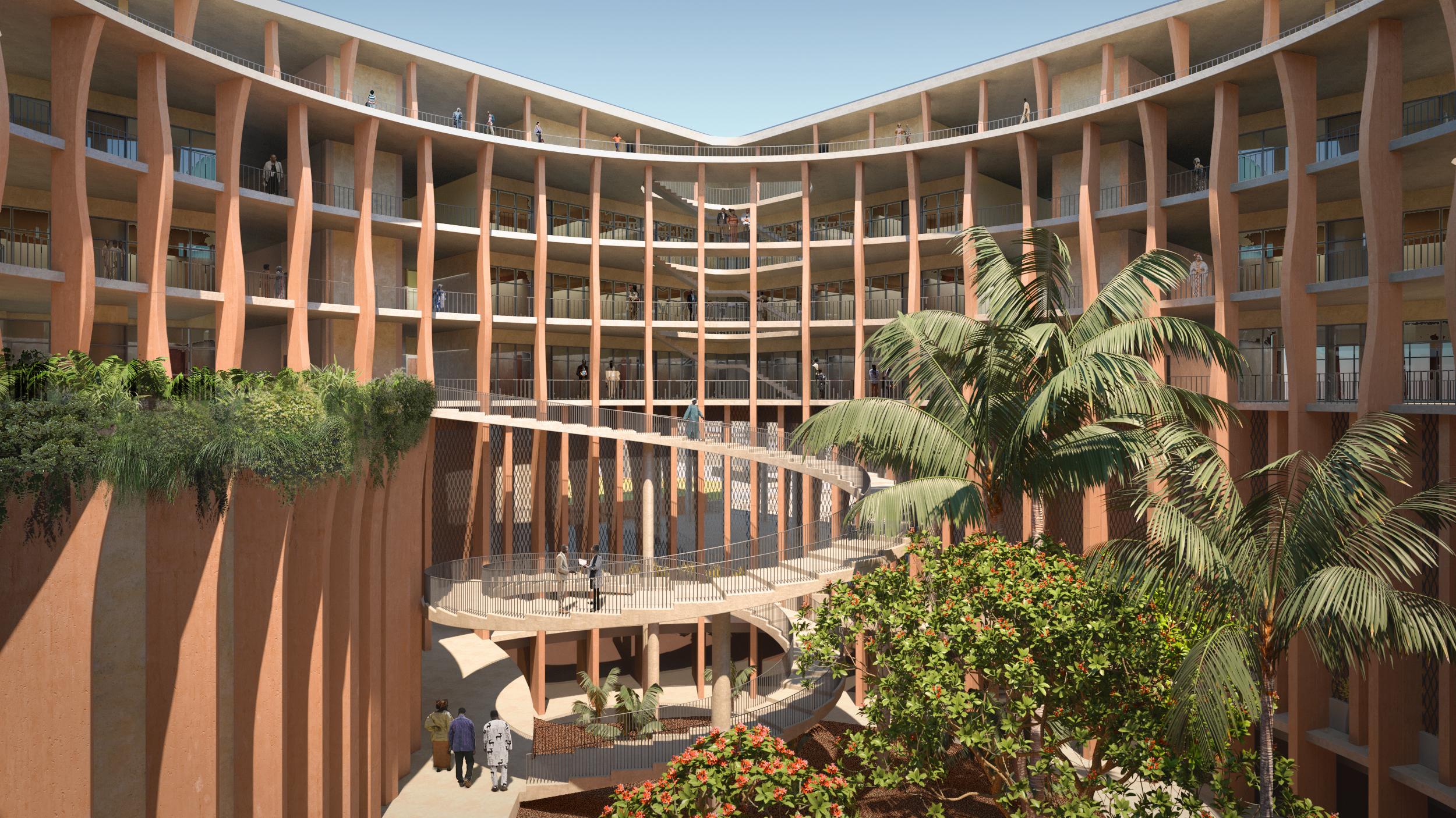 A digital view of the open space courtyard in the grand assembly hall showing different levels of the buildings with palm trees and people walking through the courtyard