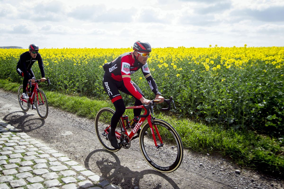 Greg Van Avermaet (BMC Racing) during a training - reconnaisance of the cobblestones sections of Paris-Roubaix