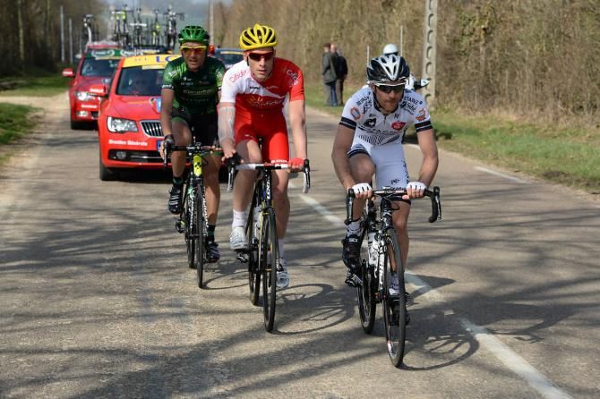 The breakaway Perrig Quemeneur (Europcar), Julien Fouchard (Cofidis) and Romain Feillu (Bretagne-S&eacute;ch&eacute; Environnement)