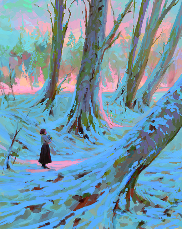 Create cinematic environments; A woman in the snow