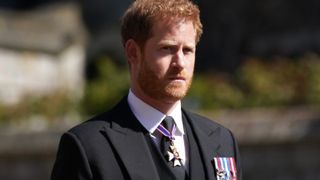 Prince Harry arrives for the funeral of Prince Philip, Duke of Edinburgh at St George's Chapel at Windsor Castle on April 17, 2021 in Windsor, England.