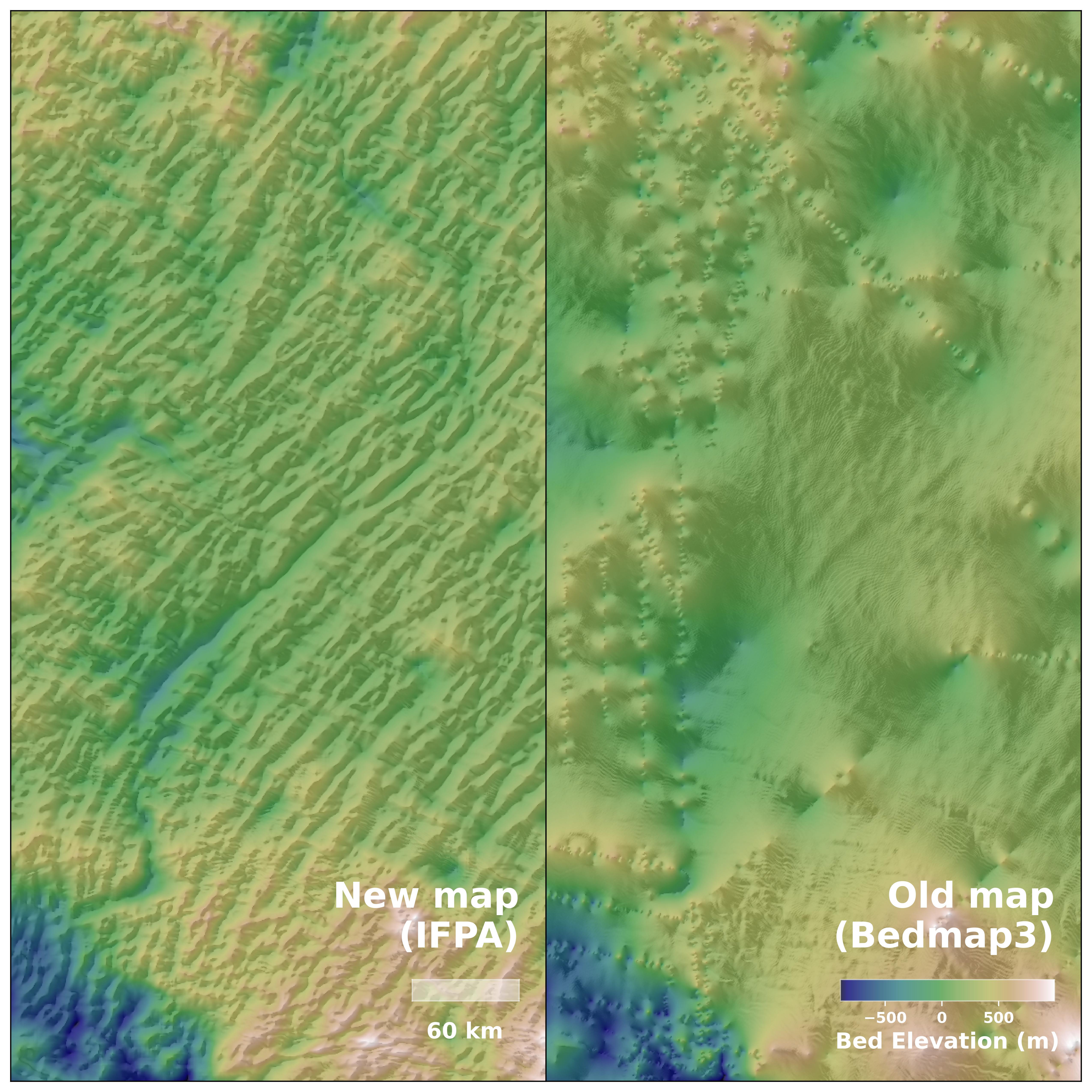 The new IFPA topography map reveals new features in the landscape beneath Antarctica, from hills and ridges to details of entire mountain ranges, and fills in gaps between radar survey lines.