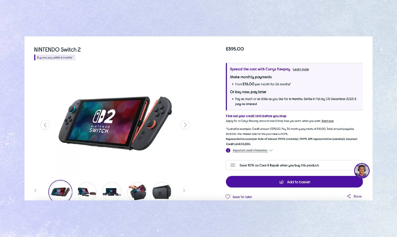 Screenshot of Currys Nintendo Switch 2 listing page in stock on colored background