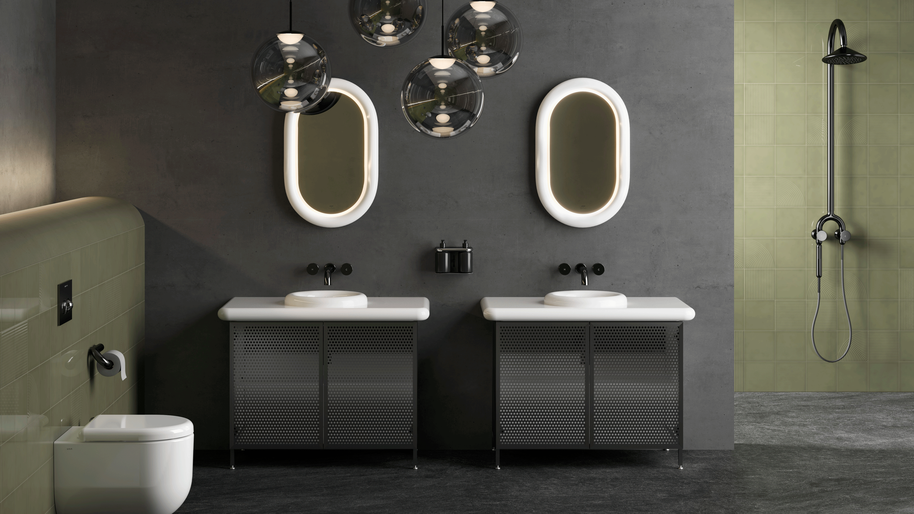 Double bathroom vanity sinks with oval mirrors