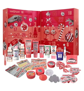 Soap & Glory pink advent calendar with products in front